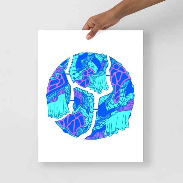 Blue abstract art print featuring intricate circular design with magenta and cyan patterns on white paper