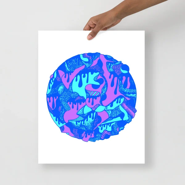 Blue abstract art print featuring a vibrant circle with neon cyan, magenta and royal blue drip patterns and textured details