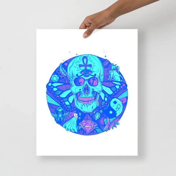 Blue abstract art print featuring a circular composition with intricate skull and spiritual motifs in cyan and purple tones
