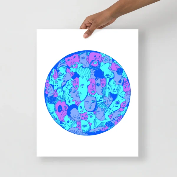 Blue abstract art print featuring layered expressive portrait faces in vibrant cyan, magenta, and navy tones within a circular composition