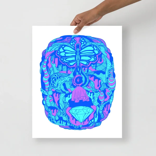 Blue abstract wave art print featuring intricate metamorphosis design with cyan and magenta layered patterns.