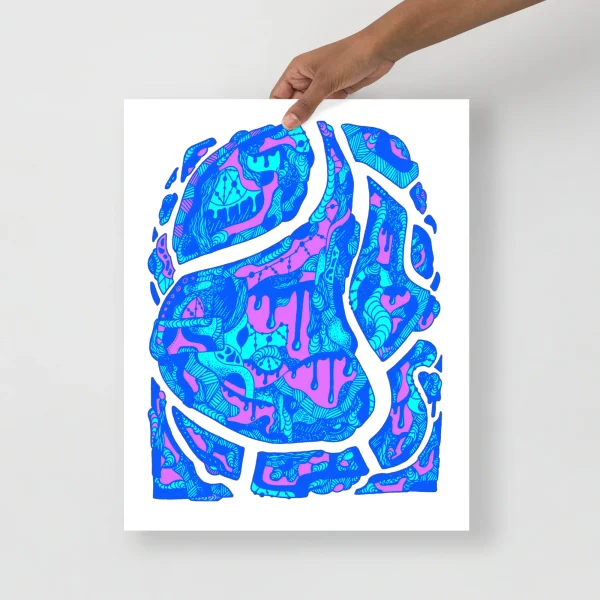 Blue abstract wave art print featuring neon cyan, magenta, and royal blue patterns with white negative space on matte paper