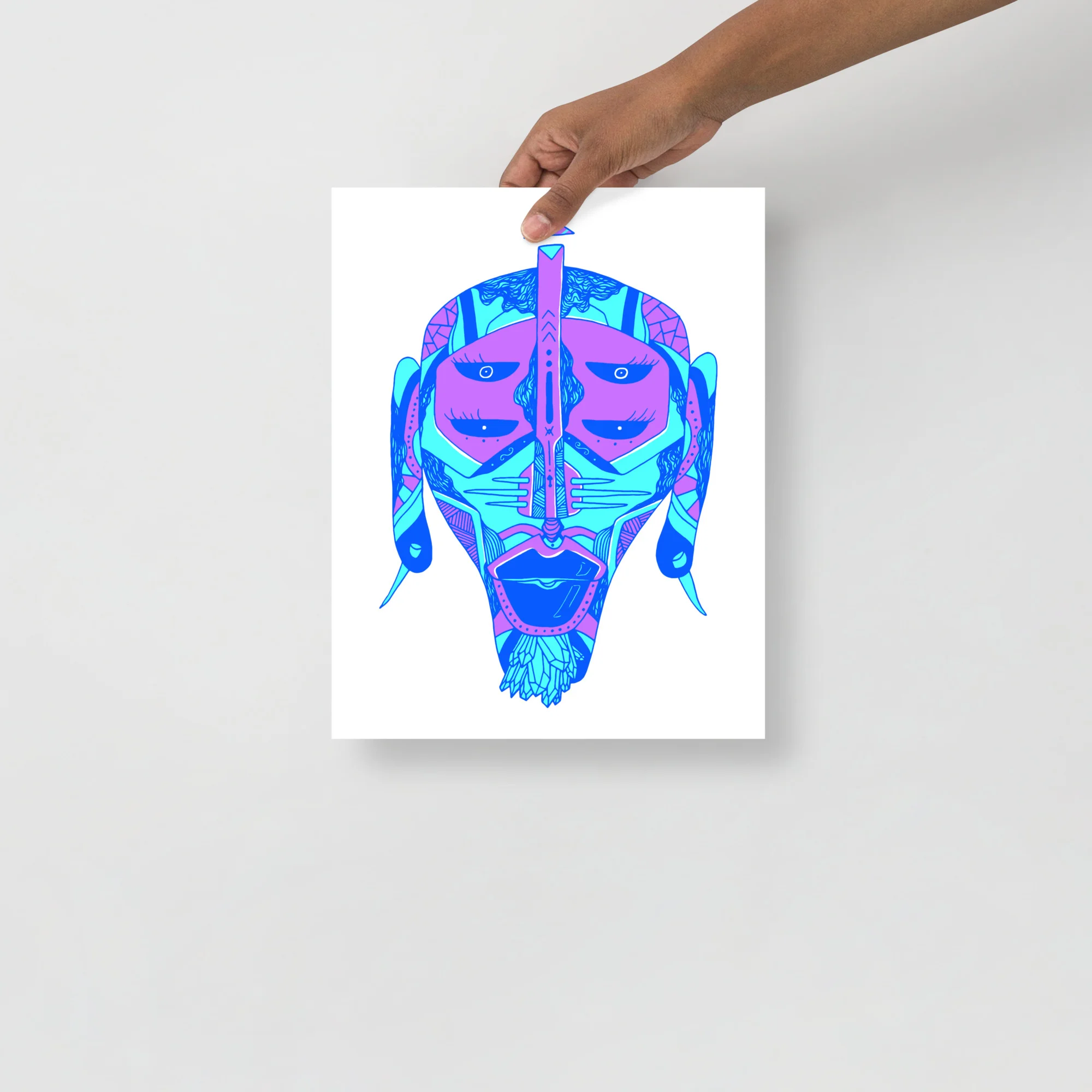 Vibrant blue and pink abstract African mask art print with geometric patterns and symmetrical facial design