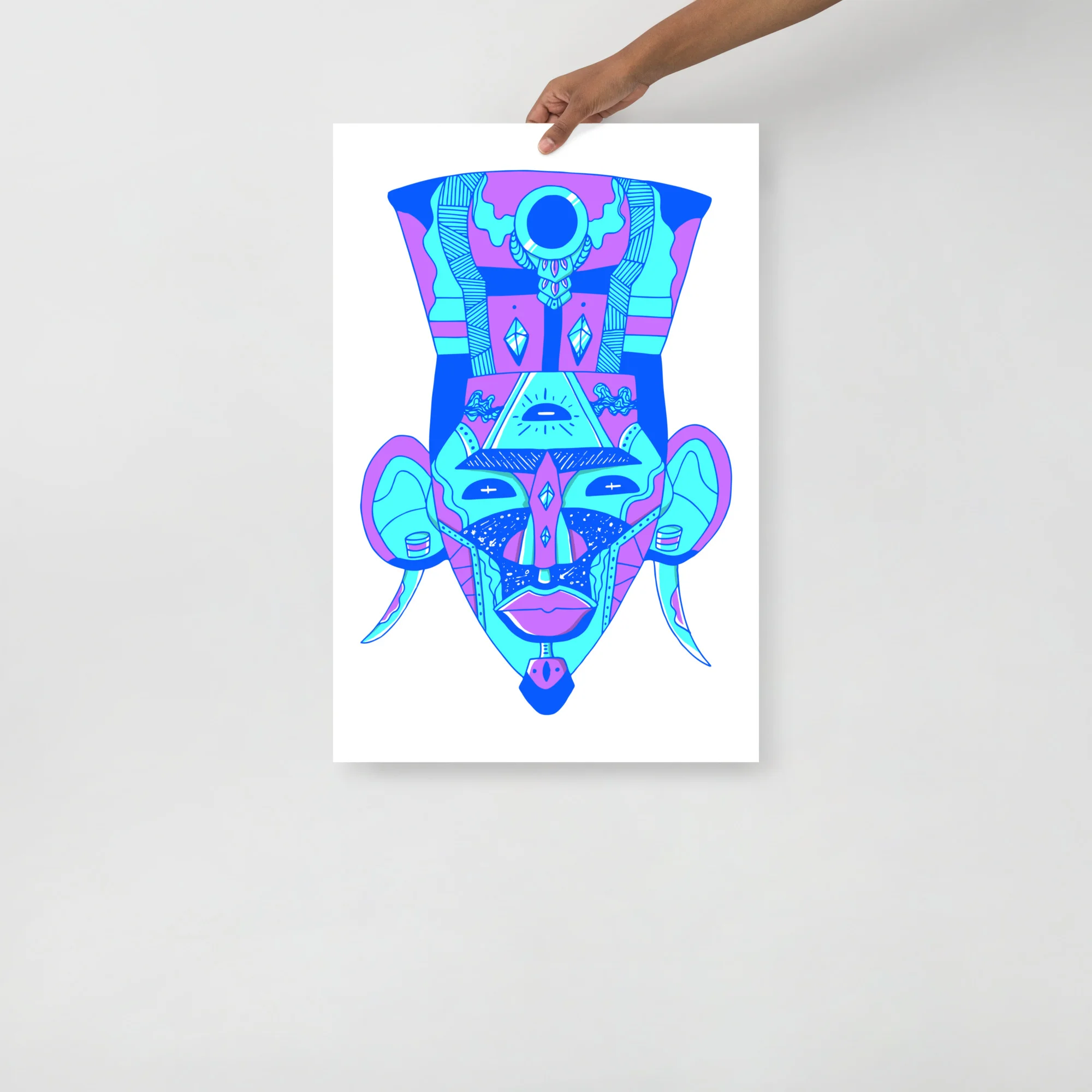 Vibrant neon blue and magenta African mask art print with cyan geometric patterns and symmetrical design on white background.