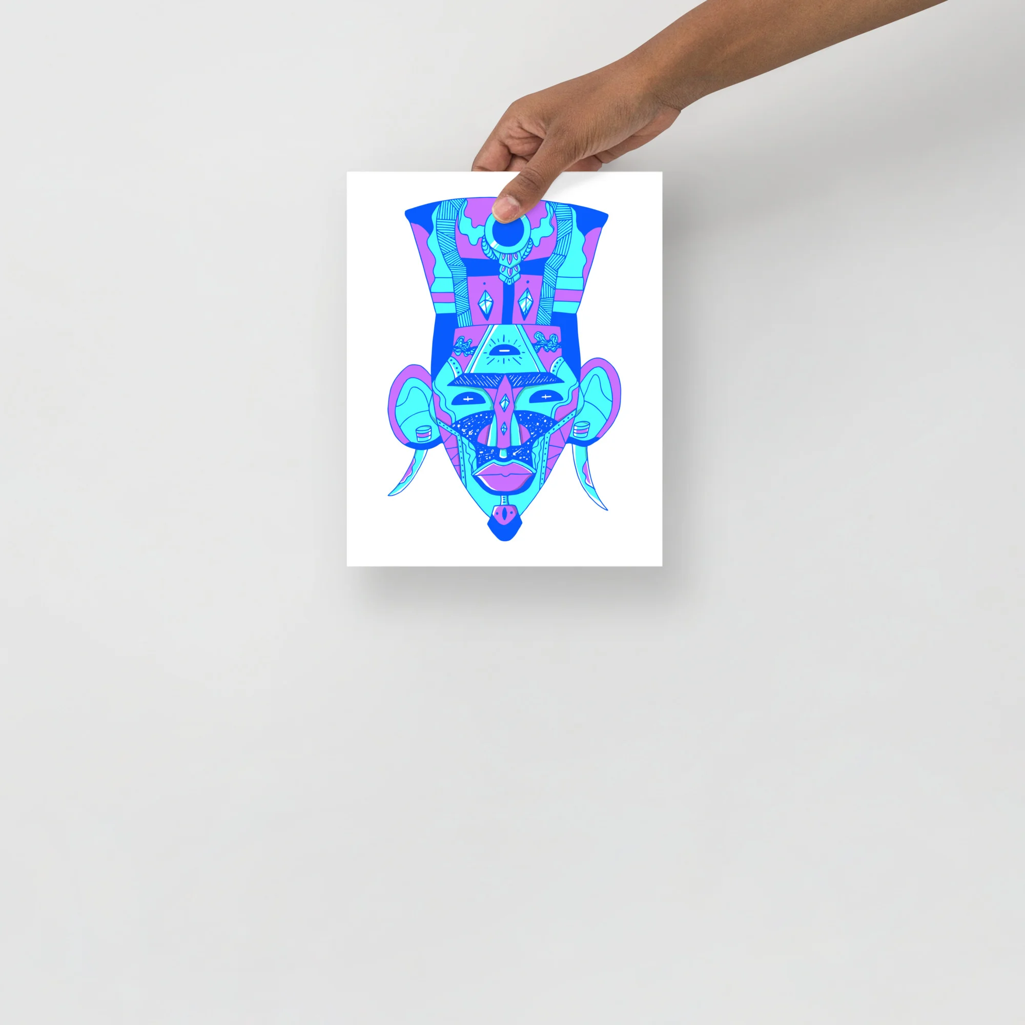 Neon cyan and magenta blue African mask art print with geometric tribal design and symmetrical face pattern