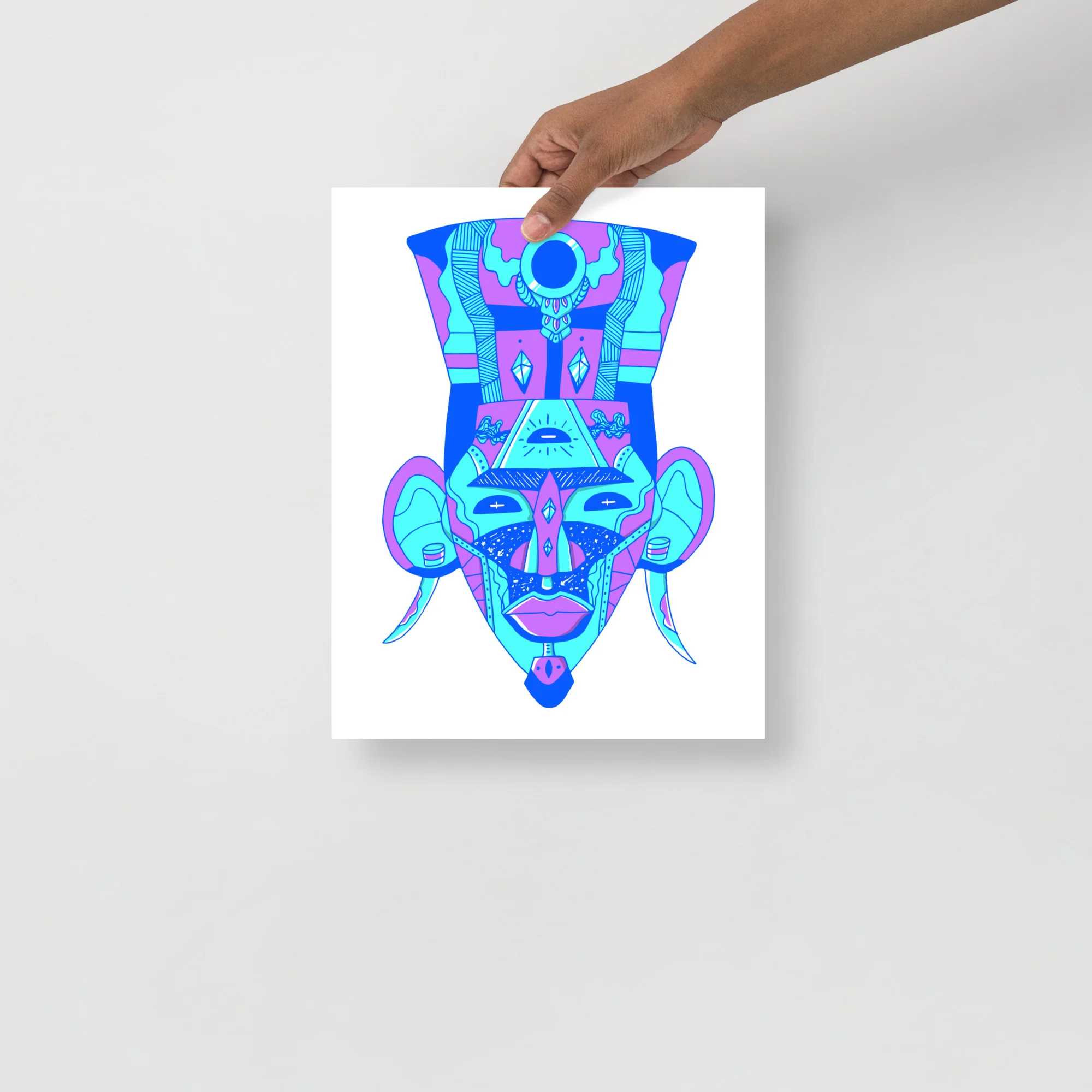 Vibrant blue African mask art print with neon cyan and magenta geometric patterns and modern minimal design