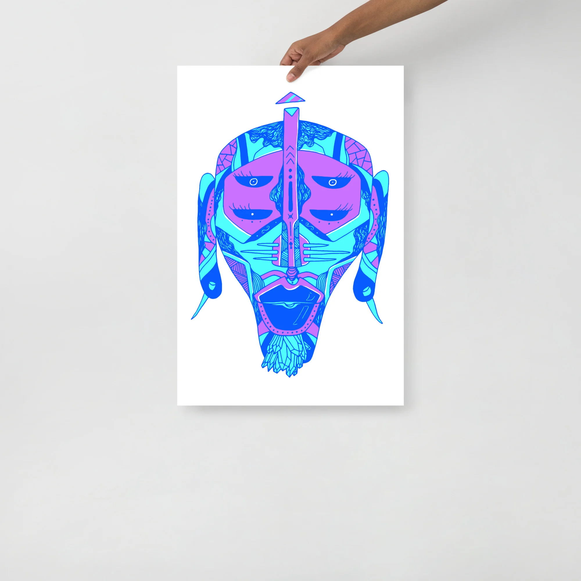 Neon blue and magenta abstract African mask art print with geometric patterns and symmetrical design