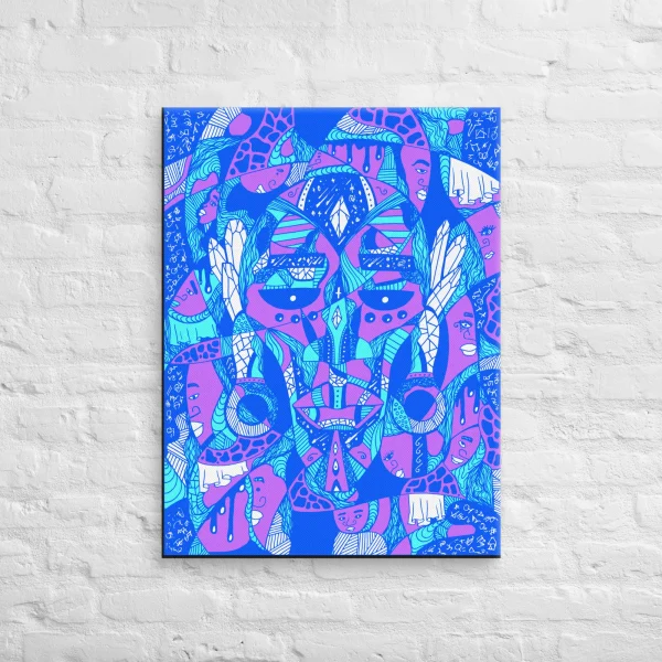 Bold blue African mask canvas wall art featuring Atok and 12 Tribe Chiefs in vibrant neon pink, cyan, and white patterns