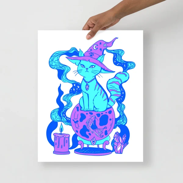 Electric blue cat wearing a witch hat and mystical robes sits on a crystal ball surrounded by magical elements and flowing energy waves