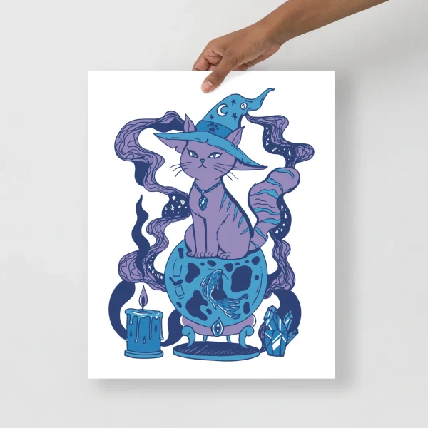 Magical purple and blue cat wearing a wizard hat sits on a glowing moon orb surrounded by mystical swirling elements and candles in this blue cat art print