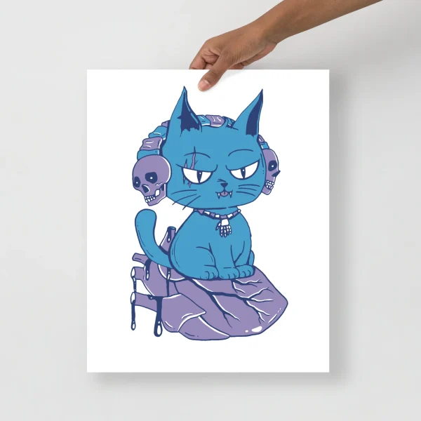 Blue cat art print featuring a wicked expressional cat with purple skull accessories on a heart-shaped base
