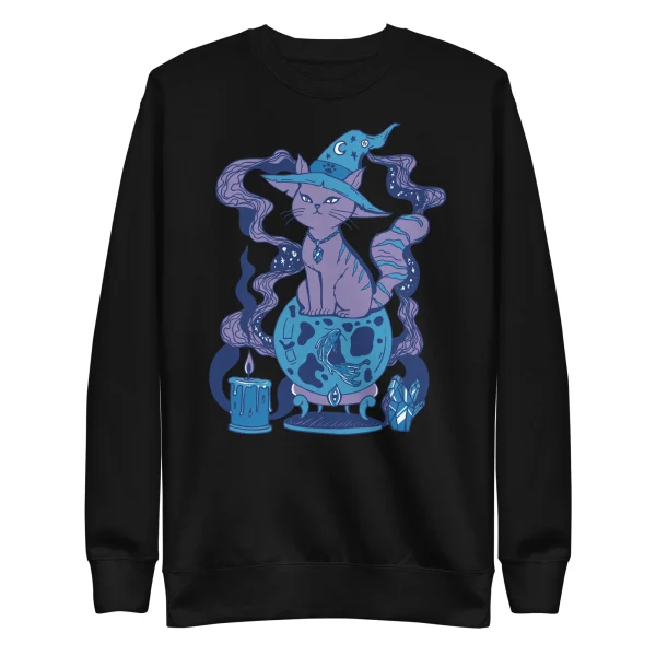 Black sweatshirt featuring a blue cat wearing a wizard hat with purple hair and mystical elements like a crystal ball and candles
