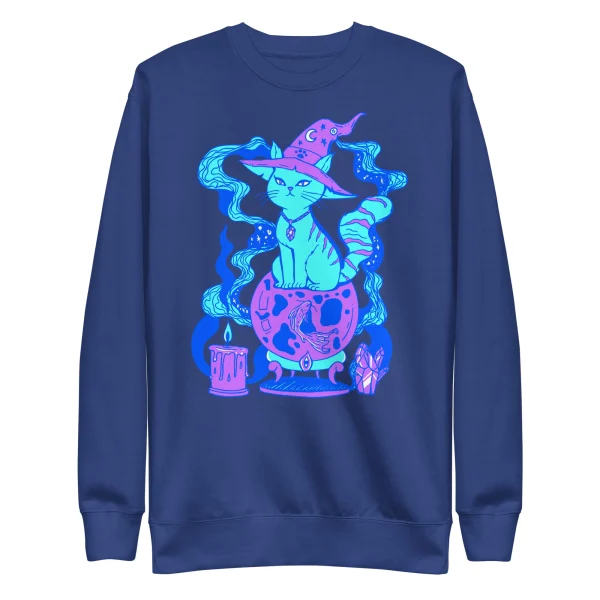 Navy blue cat sweatshirt featuring a magical witch cat with glowing cyan and magenta neon artwork surrounded by mystical elements