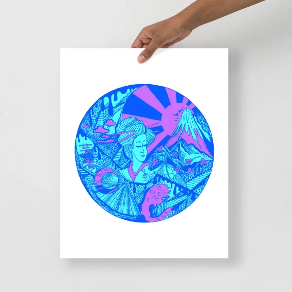 Blue circle Japan abstract wall art print featuring cyan and pink neon tones with intricate Japanese-inspired illustration.