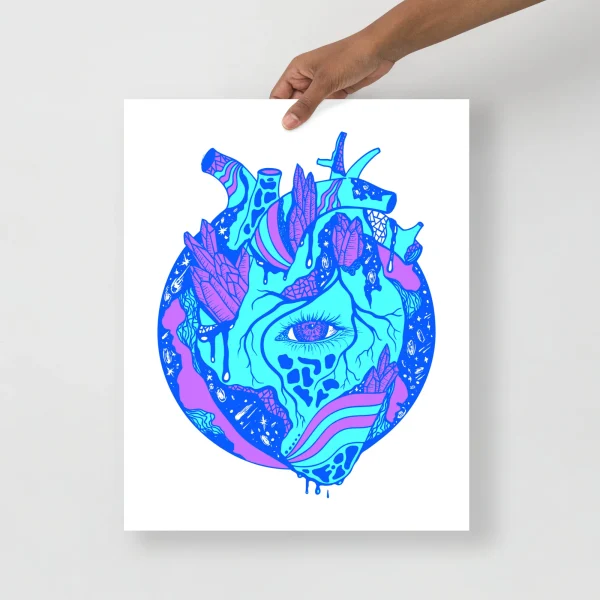 Blue cosmic heart art print featuring cyan and magenta neon colors with surreal planetary and botanical design elements.