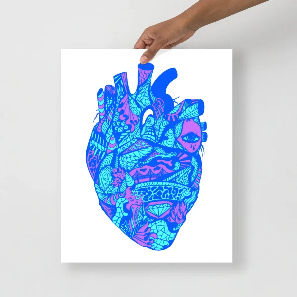 Vibrant blue heart art print with intricate neon patterns and translucent design featuring pink and cyan details.