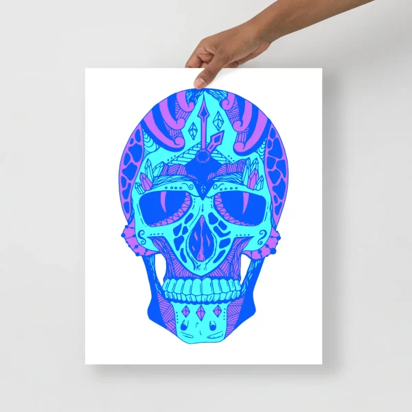 Vibrant blue skull art print with cyan and magenta neon details on matte museum-quality paper