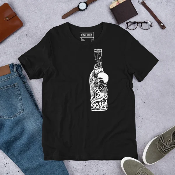 Black bottle line art t-shirt with white abstract design displayed flat lay with accessories