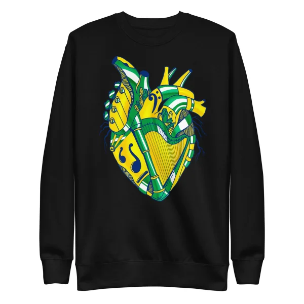 Black crew neck sweatshirt featuring colorful Brazil musical heart design with yellow, green and blue artwork