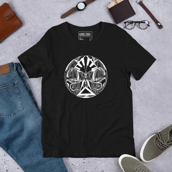 Black butterfly graphic tee featuring white abstract sunrise line art design with symmetrical wing pattern