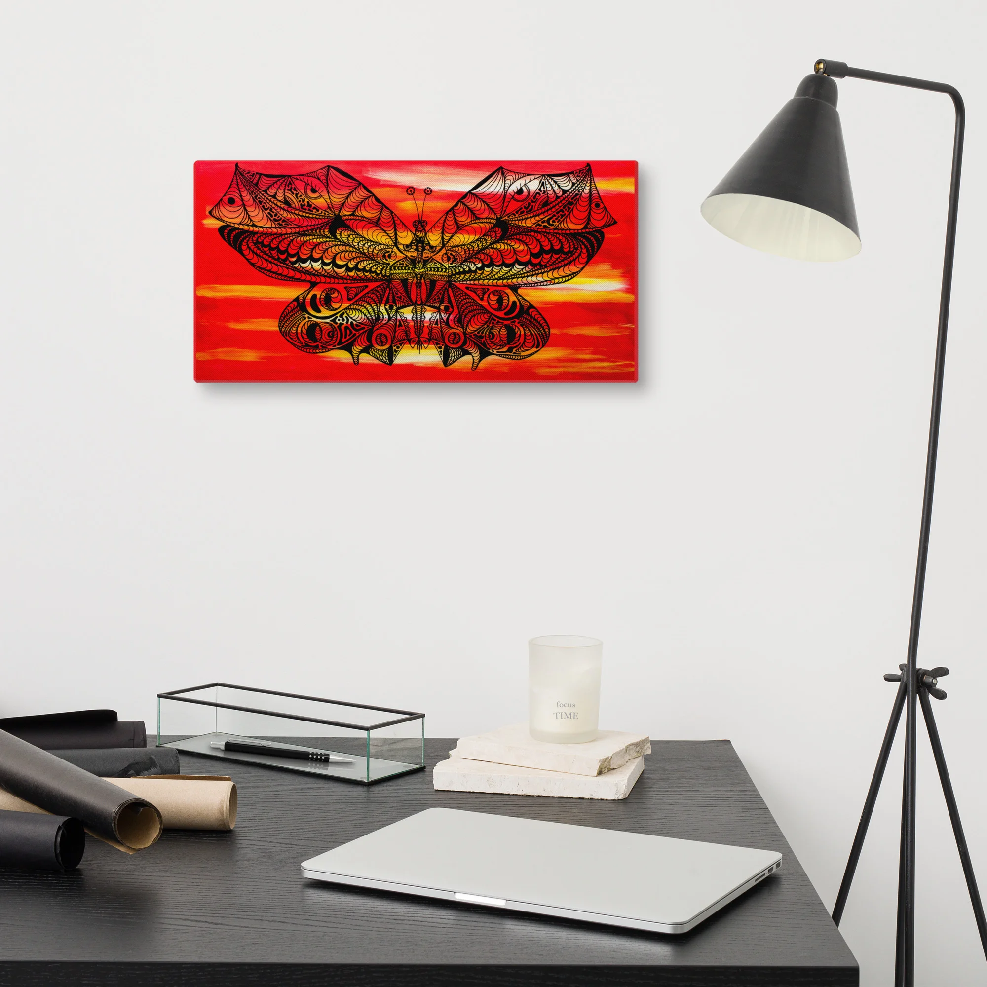 Butterfly line art canvas featuring intricate patterned wings in red and orange tones with gold details