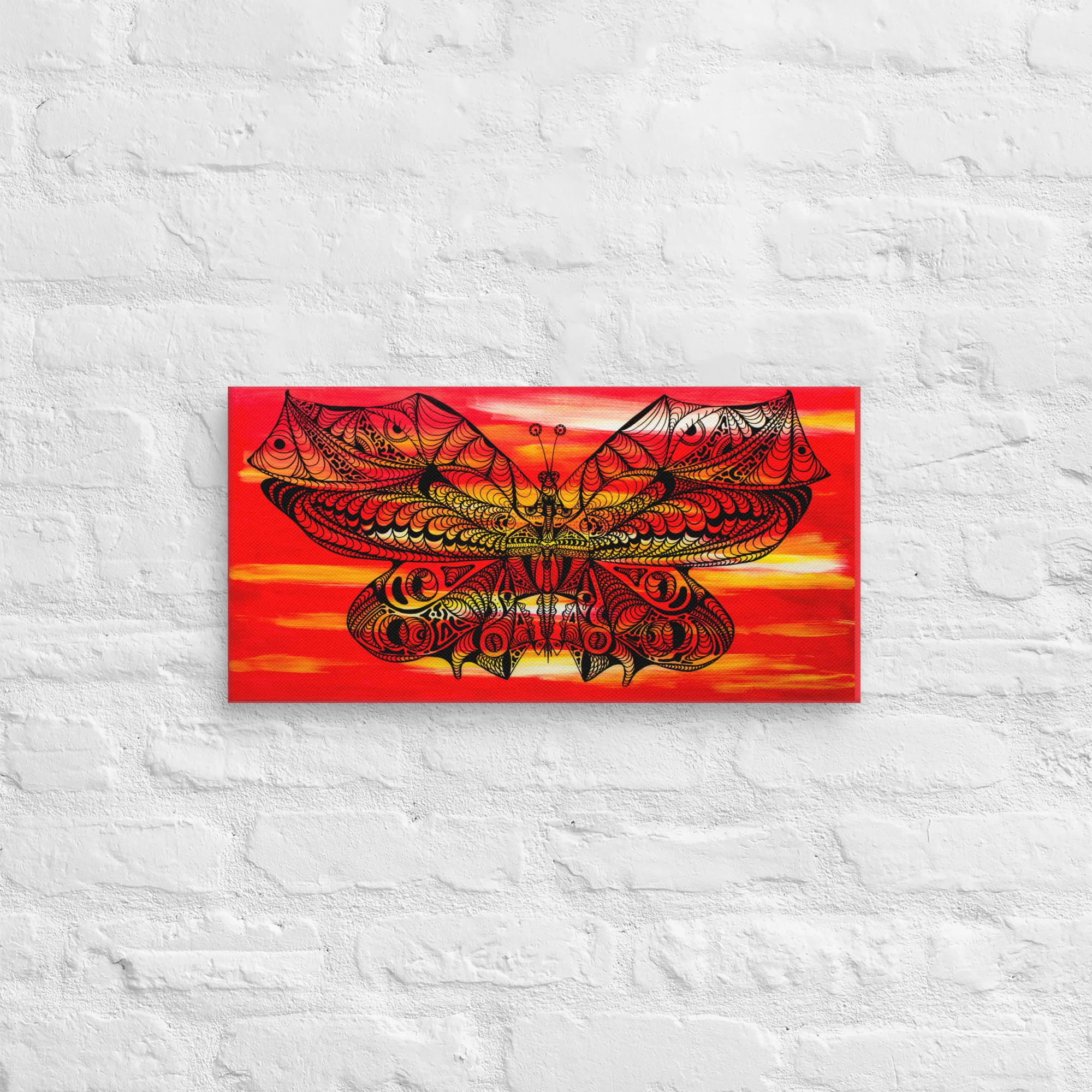 Intricate butterfly line art canvas with detailed wing patterns against a vibrant red and orange gradient sunset background