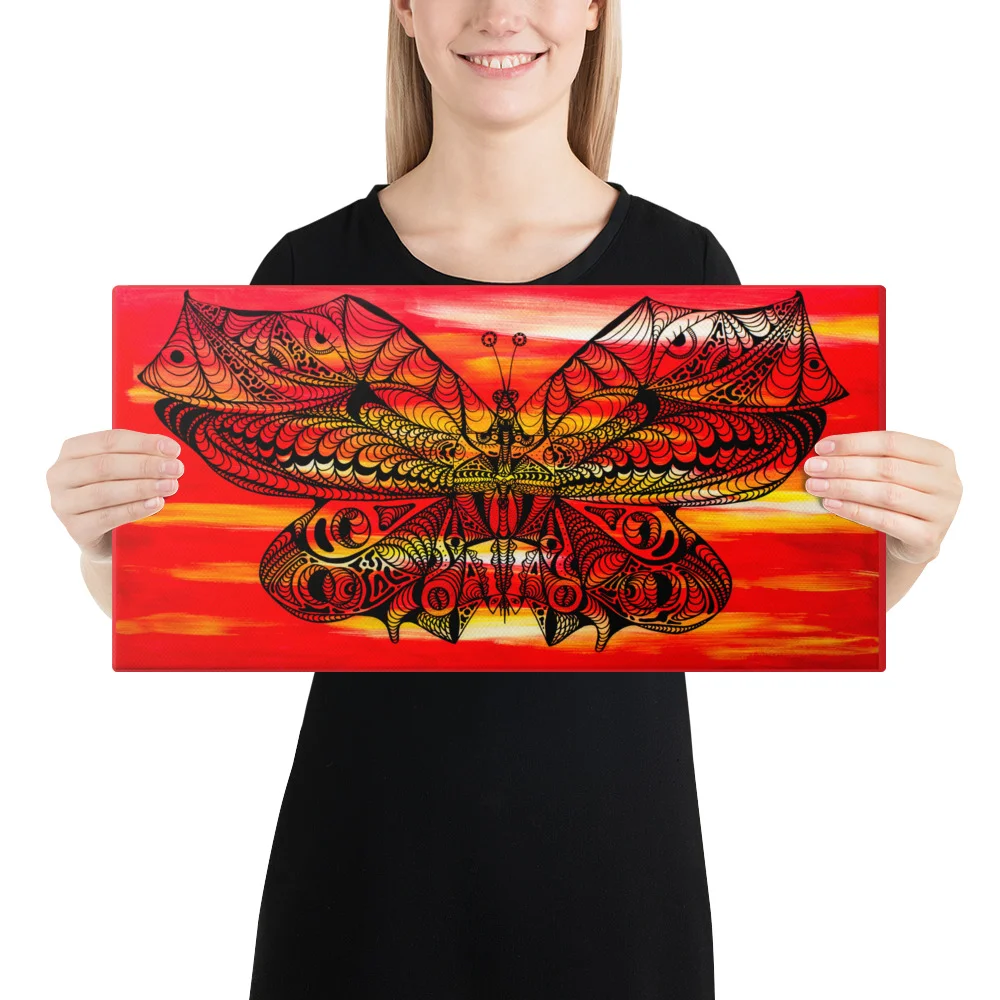 Abstract butterfly line art canvas with intricate patterned wings on vibrant red and orange gradient background