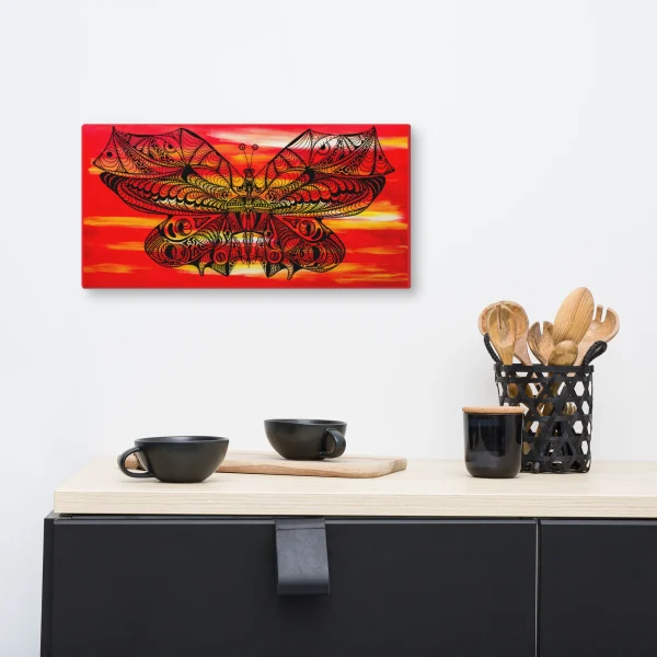 Butterfly line art canvas featuring intricate patterned wings against a vibrant red and orange sunset background