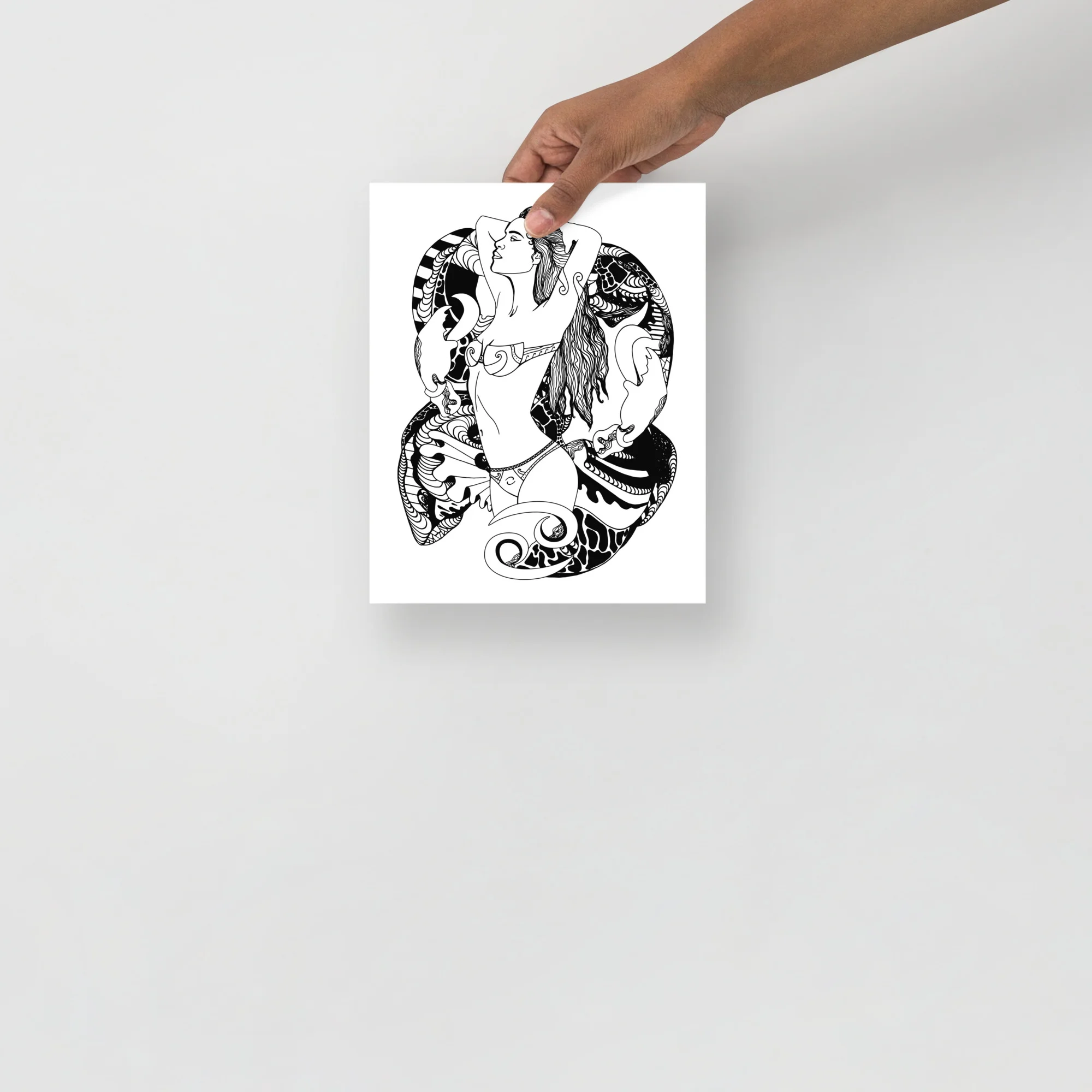 Cancer zodiac art print featuring intricate black line illustration of a woman with celestial patterns and decorative details on white matte paper