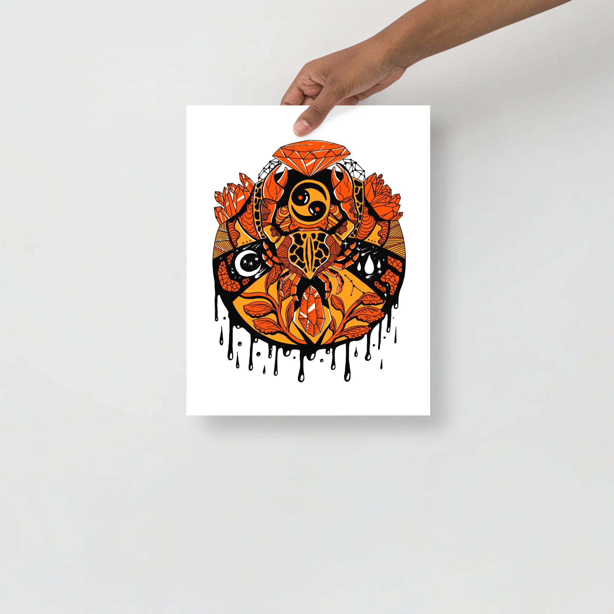 Mystic Cancer zodiac wall art print featuring orange and black celestial design with diamond, flowers, and dripping details