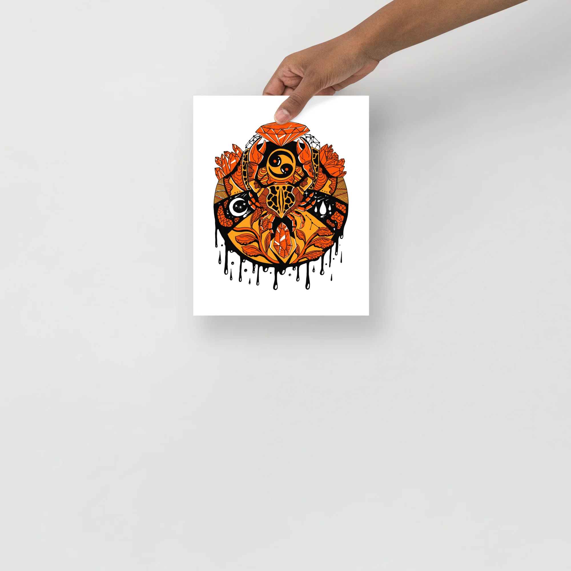 Mystic cancer zodiac wall art print in warm orange tones featuring celestial symbols and floral motifs with dripping details.