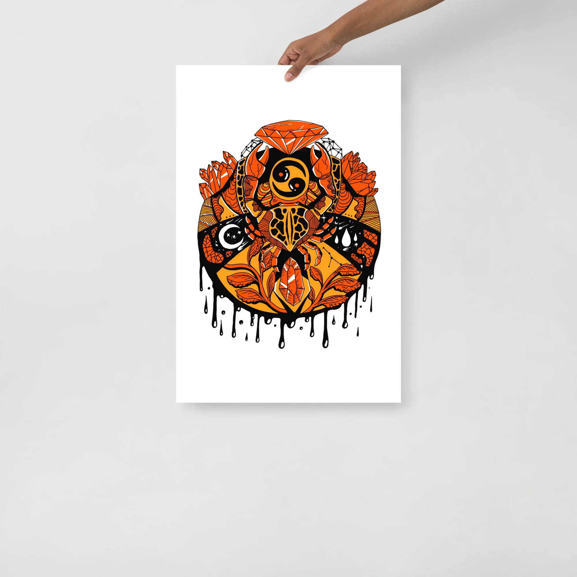 Mystic orange cancer zodiac wall art print featuring intricate celestial design with dripping elements on white background