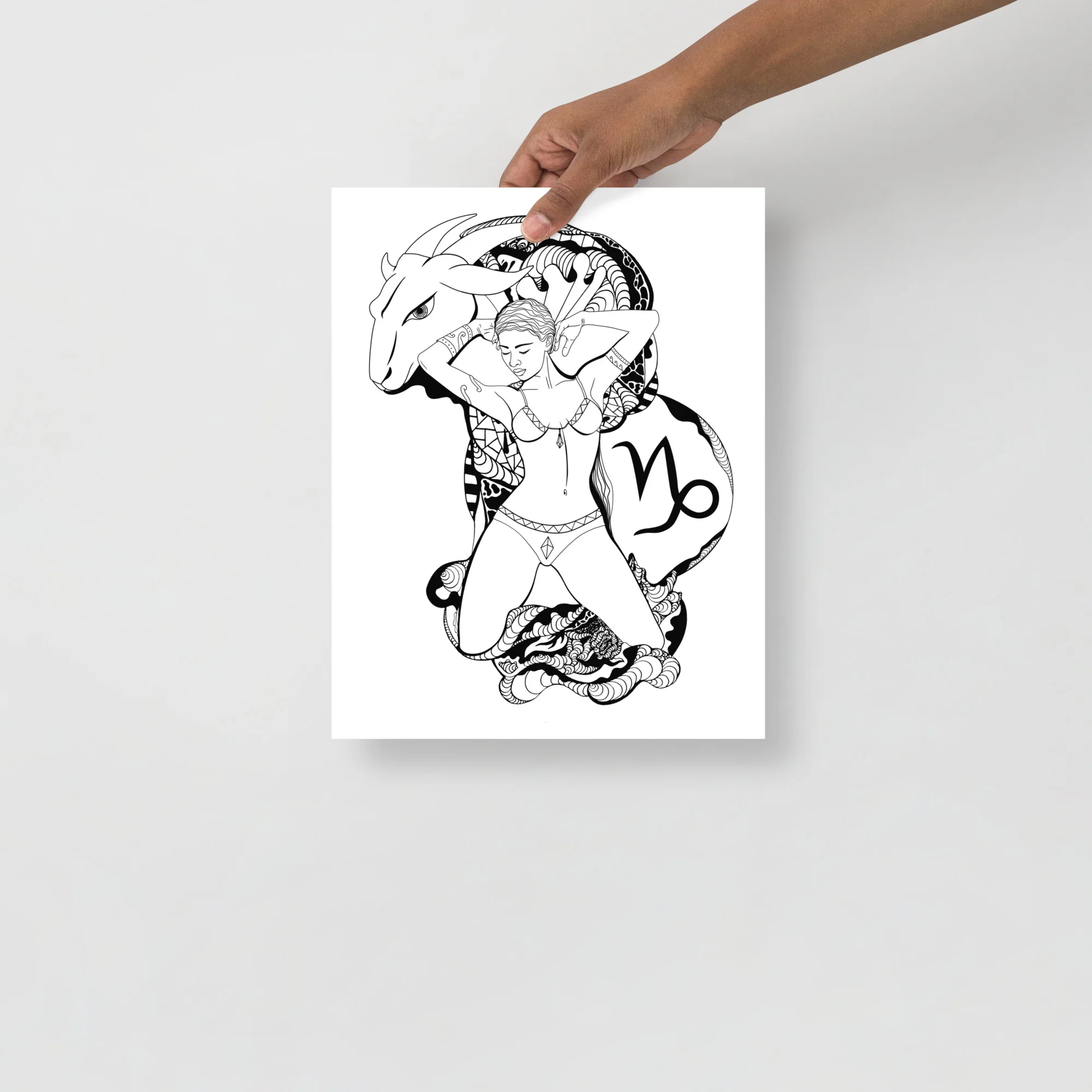 Capricorn zodiac art print featuring a woman with horns and celestial symbols in elegant black line art on white matte paper.