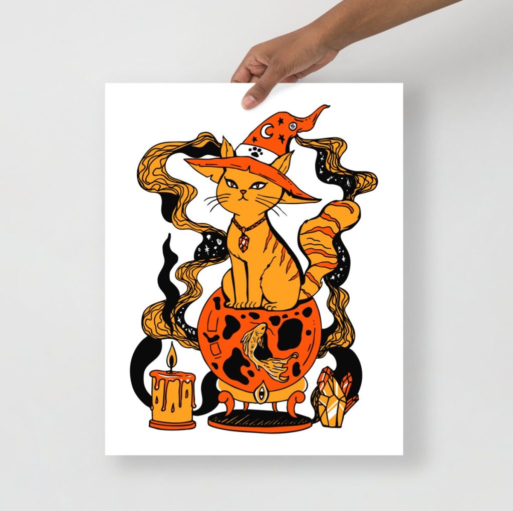 Vibrant orange cat art prints featuring a lucky fortune cat illustration