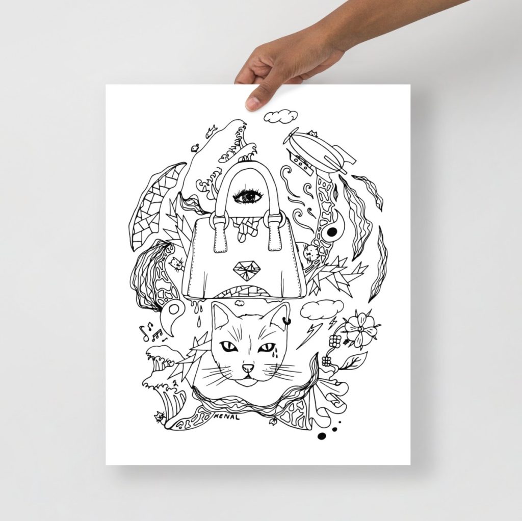 Seven cats exploring Tokyo rendered as elegant cat art prints in fine line drawing style
