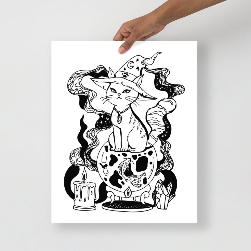 Magical fortune cat drawing art print with enchanting mystical golden details