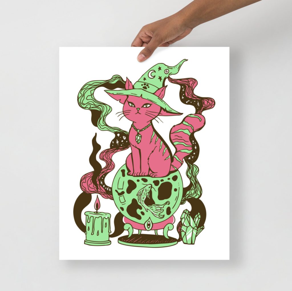 Pastel pink cat art print of a magical fortune cat for walls