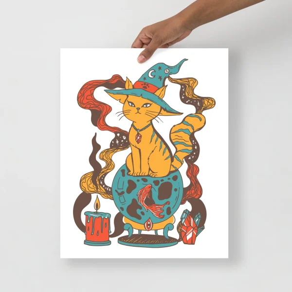 Golden cat wearing a blue wizard hat with mystical symbols, surrounded by magical swirling snakes and fortune-telling elements in this vibrant cat art print