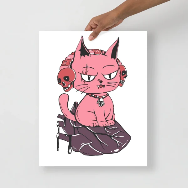 Wicked pink cat art print with skull headphones and heart-shaped mauve base design