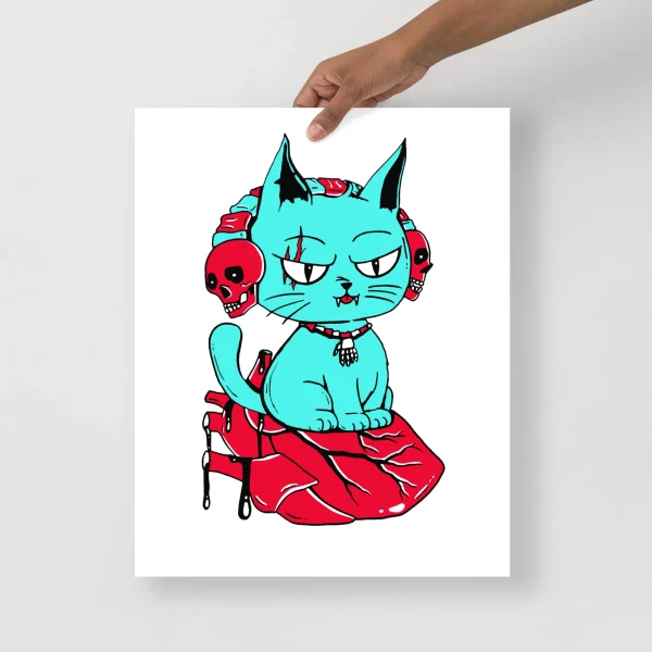 Turquoise cat art print with wicked expression sitting on a red heart with skull details