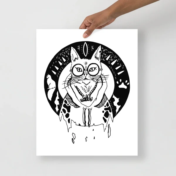Cat line art print featuring a minimalist daddy cat wearing round glasses with mystical symbols in circular background