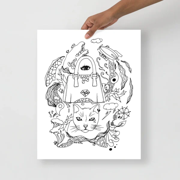 Cat line art print featuring seven cats in minimalist linework with geometric patterns and nature elements in a Tokyo-inspired composition