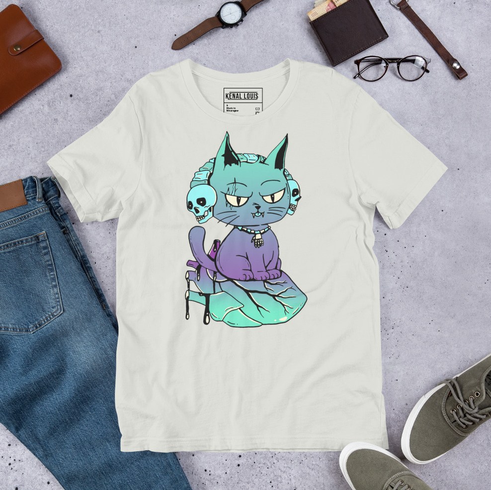 Purple cat lover apparel featuring a wicked cat perched boldly on a heart graphic