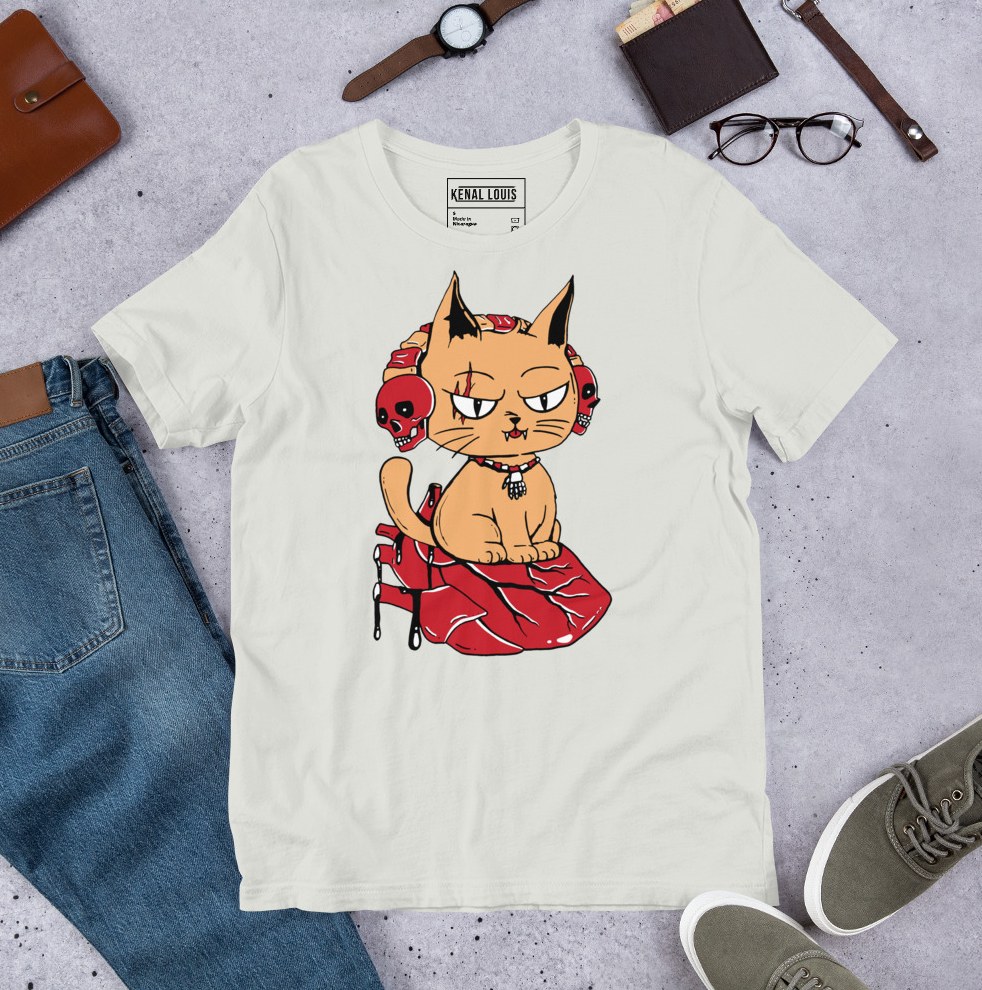 Bold red tee with a wicked cat sitting atop a heart perfect for cat fans