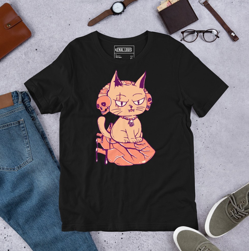 Warm peach t-shirt with a cheeky wicked cat on heart design for cat enthusiasts