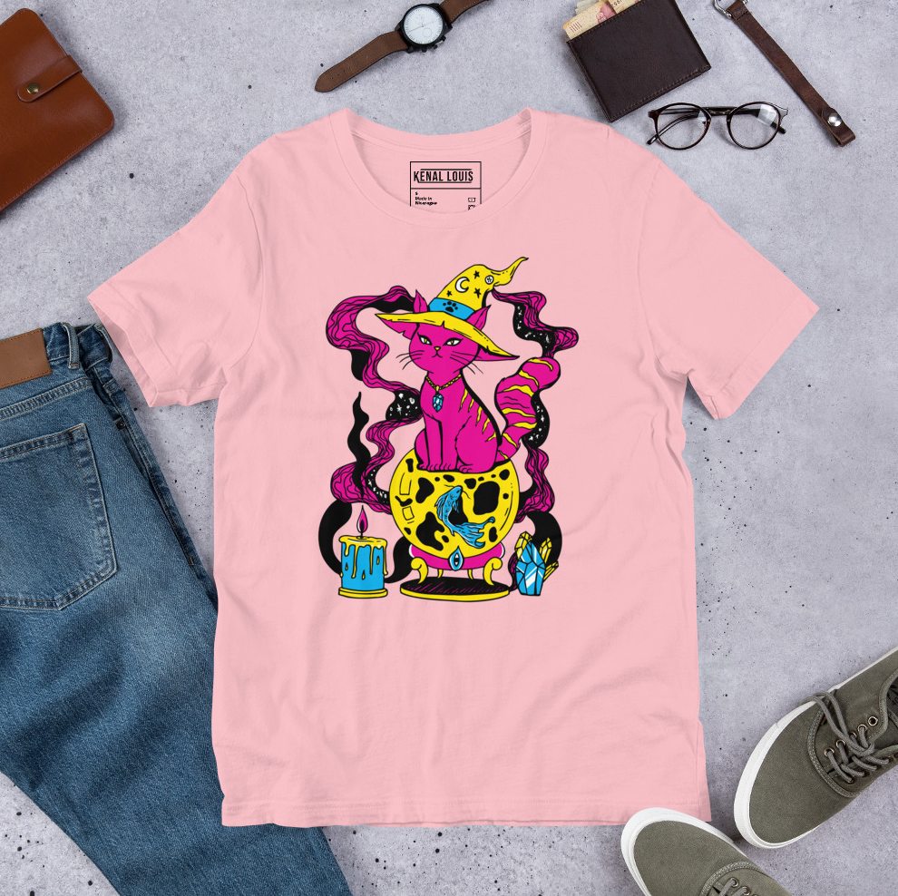 Rosy pink cotton tee with a magical fortune cat design enchanting cat lover apparel