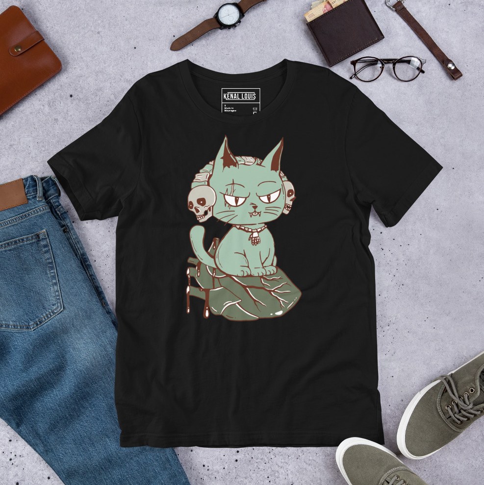 Earthy sage green tee featuring a wicked cat on heart motif casual everyday wear