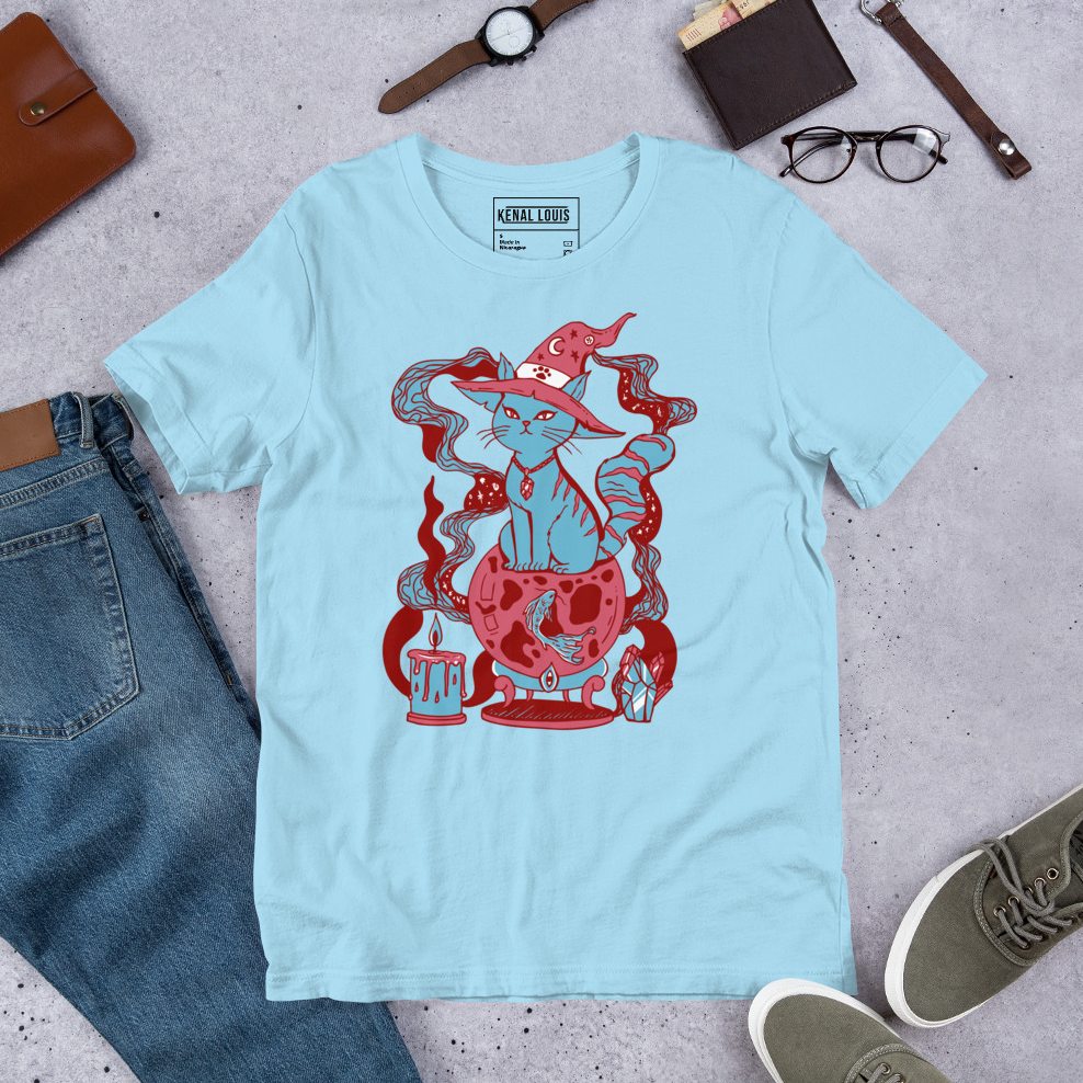 Dreamy pastel blue t-shirt adorned with a lucky magical cat of fortune illustration