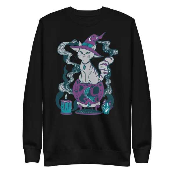 Black cat mom sweatshirt featuring a magical fortune cat design with purple and teal mystical elements