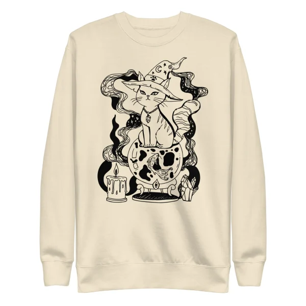 Cream cat mom sweatshirt featuring a magical fortune cat illustration with mystical symbols, potion bottles, and decorative elements in black ink